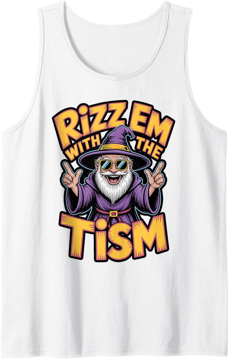 Synthwave Wizard with Skateboard Graphic Sleeveless Tank Top - White