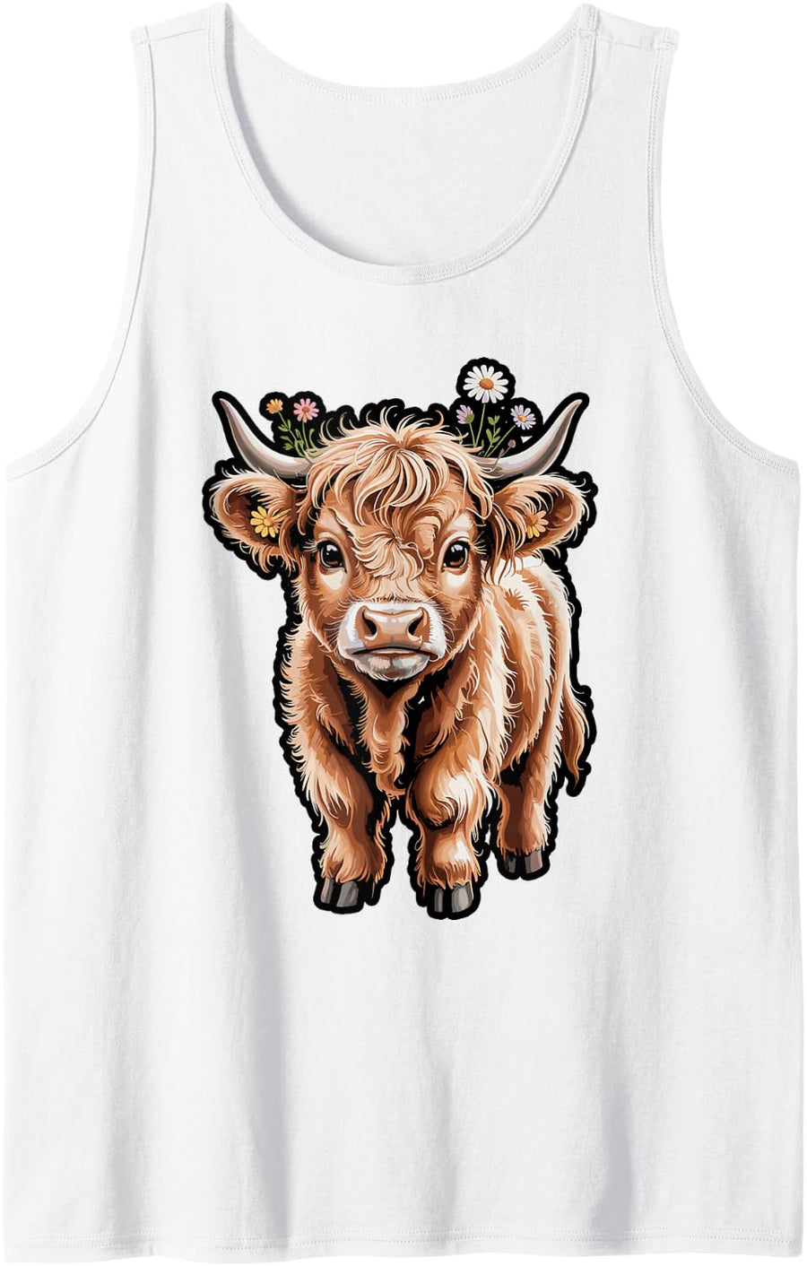 Highland Cow with Flower Crown Cute Boho Tee Tank Top - White