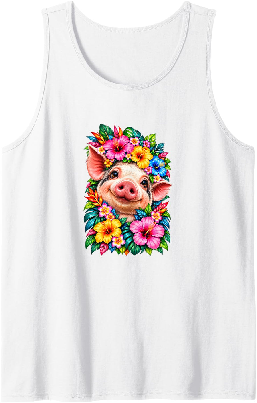 Cute Floral Pig Tropical Flowers Nature Art Tee Sleeveless Tank Top - White