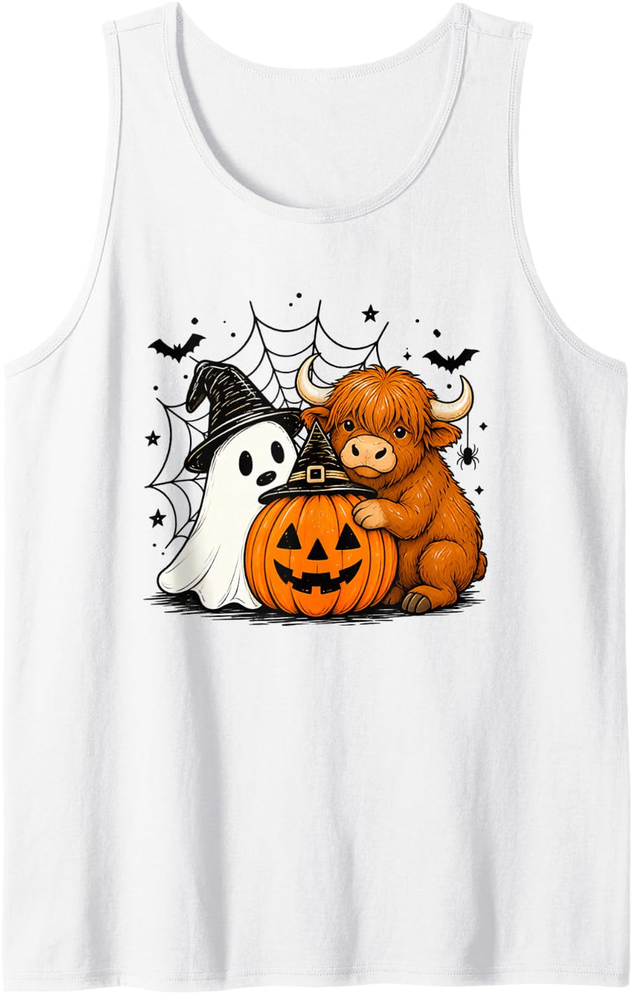 Highland_Cow Halloween Ghost Pumpkin Cute Spooky Costume Tank Top - White