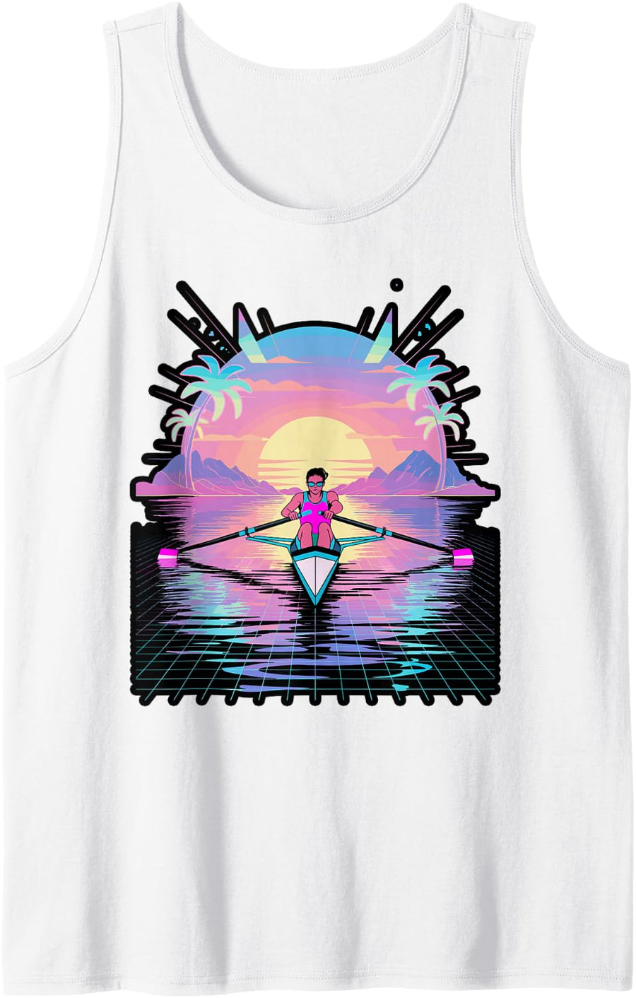Rowing Retro Sunset Synthwave Sculling Boat Tank Top - White