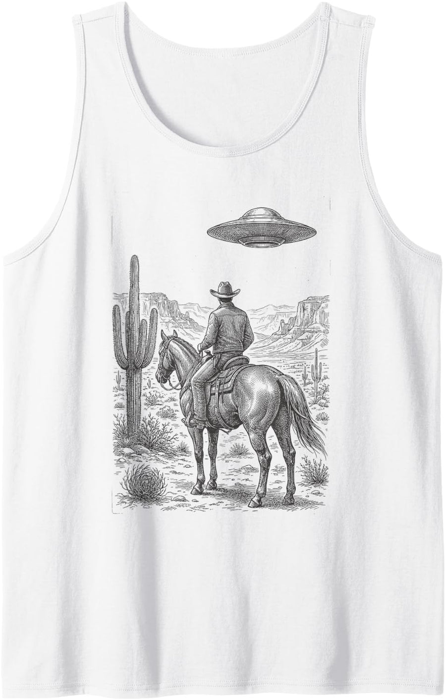 Funny Cowboy UFO Alien Western Rodeo Rancher Tee Sleeveless Tank Top - White