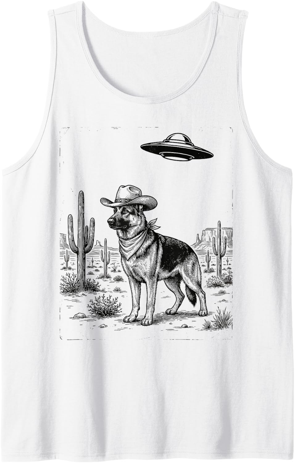 Funny Cowboy German Shepherd UFO Alien Western Rodeo Rancher Sleeveless Tank Top - White