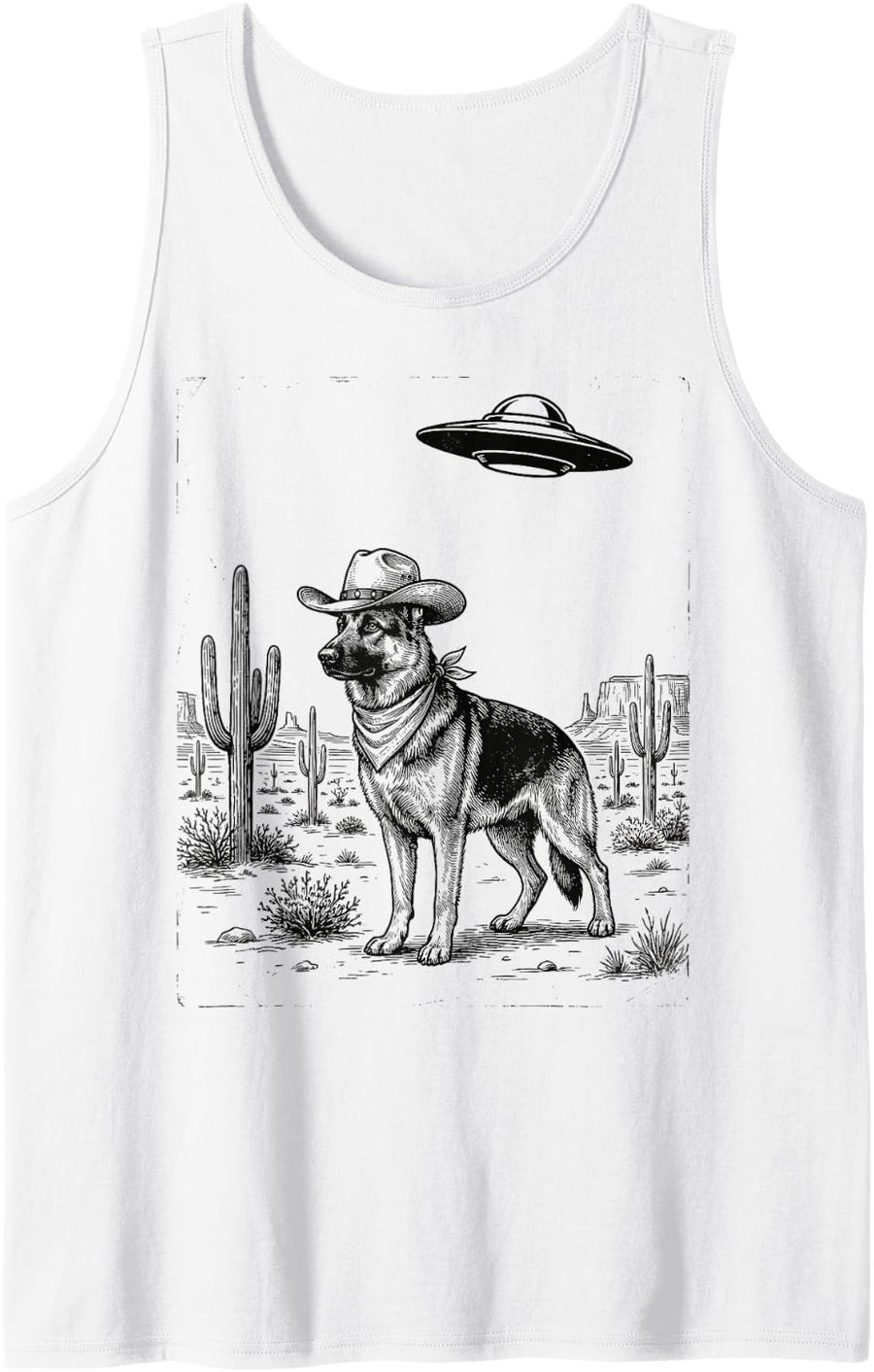 Funny Cowboy German Shepherd UFO Alien Western Rodeo Rancher Sleeveless Tank Top - White