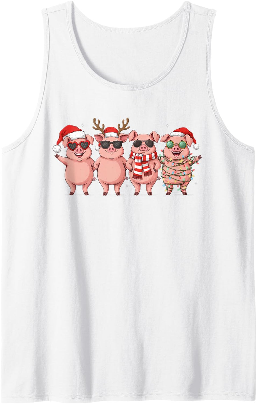 Cute Pig Baby Funny Santa Hat Christmas Lights Holiday Xmas Sleeveless Tank Top - White