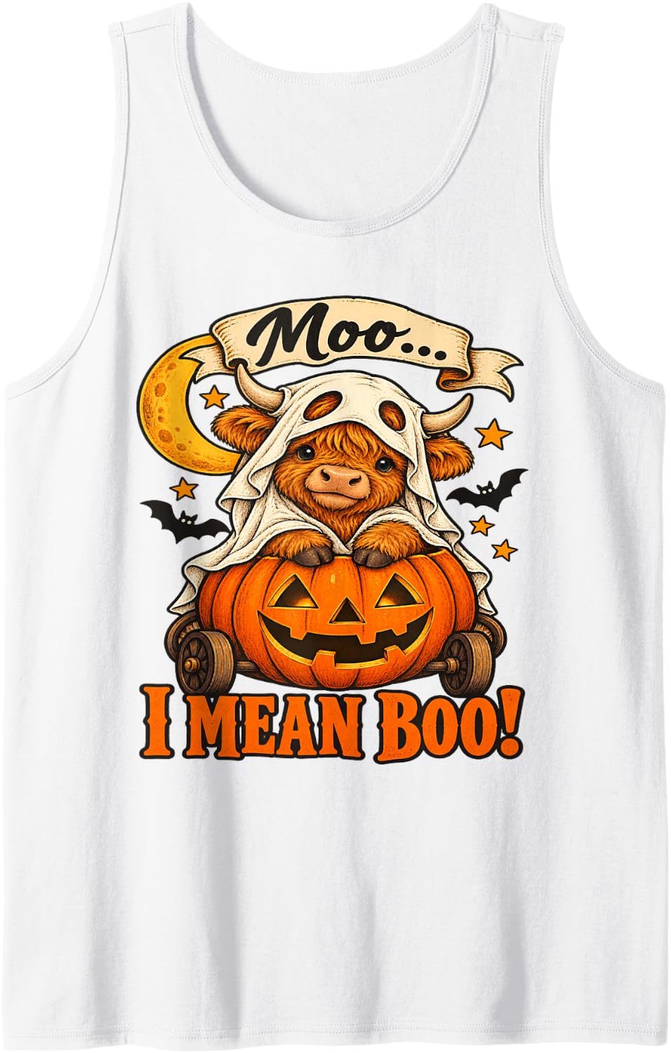 Moo... I Mean Boo! Cute Highland Cow Ghost Halloween Sleeveless Tank Top - White
