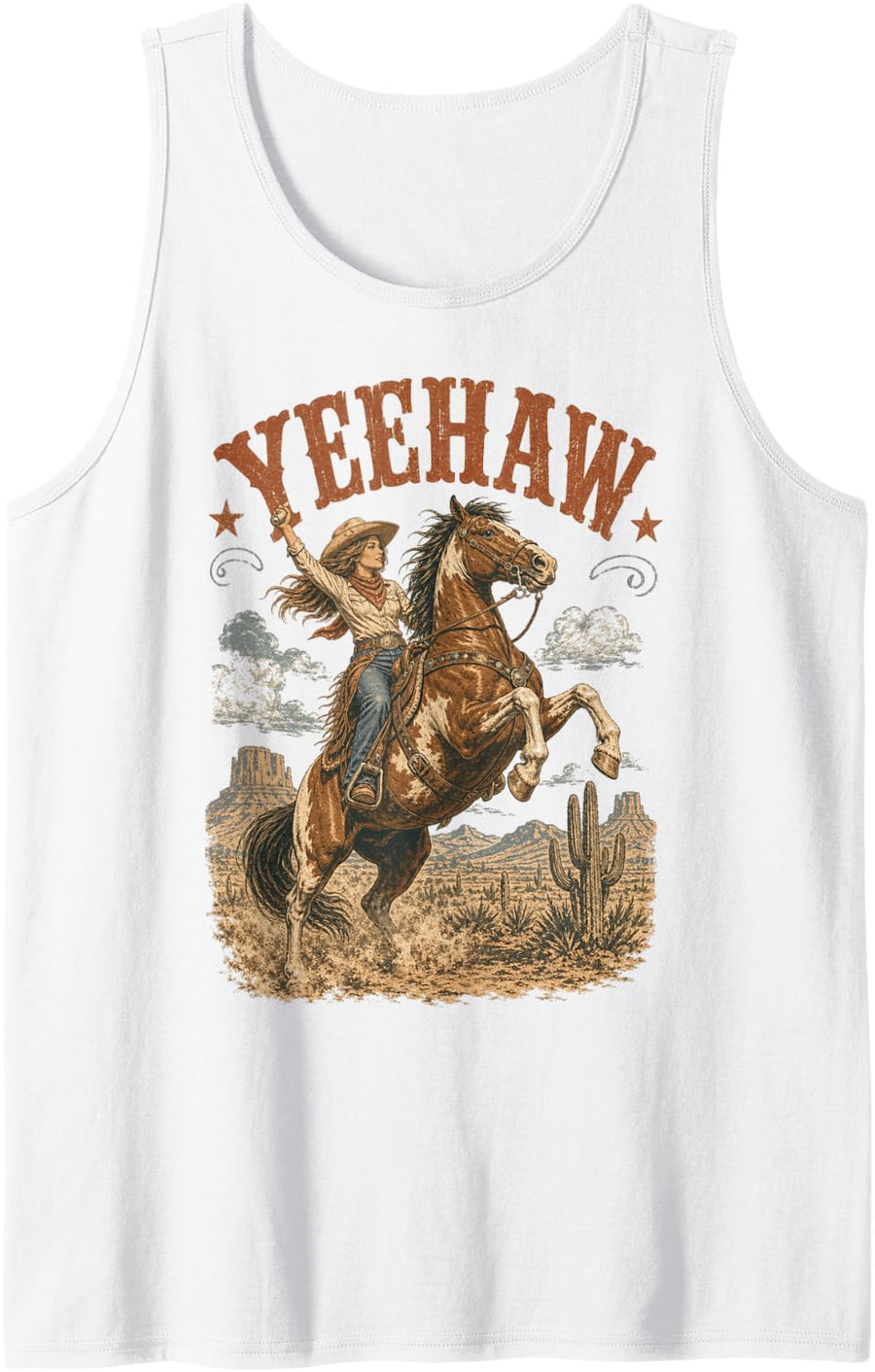 Yeehaw Cowgirl Horse Riding Vintage Western Desert Graphic Sleeveless Tank Top - White