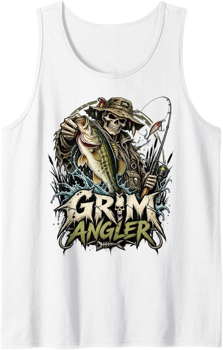 Skeleton Largemouth Bass Fishing Grunge Sleeveless Tank Top - White