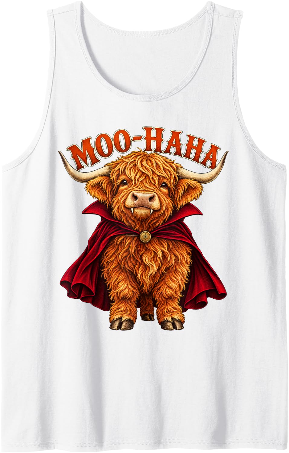 Highland Cow Vampire Cape Cute Halloween Calf - Moo-Haha Sleeveless Tank Top - White