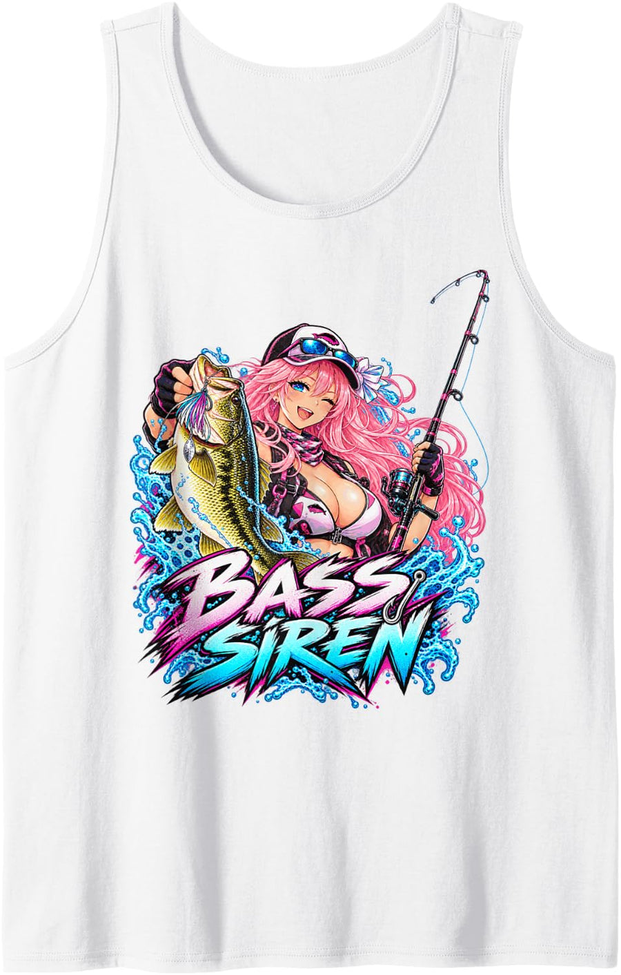 Bass Siren Anime Girl Largemouth Bass Fishing Graphic Sleeveless Tank Top - White