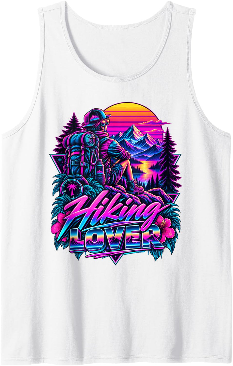 Hiking Lover Mountain Sunset Backpacker Retro Synthwave Sleeveless Tank Top - White