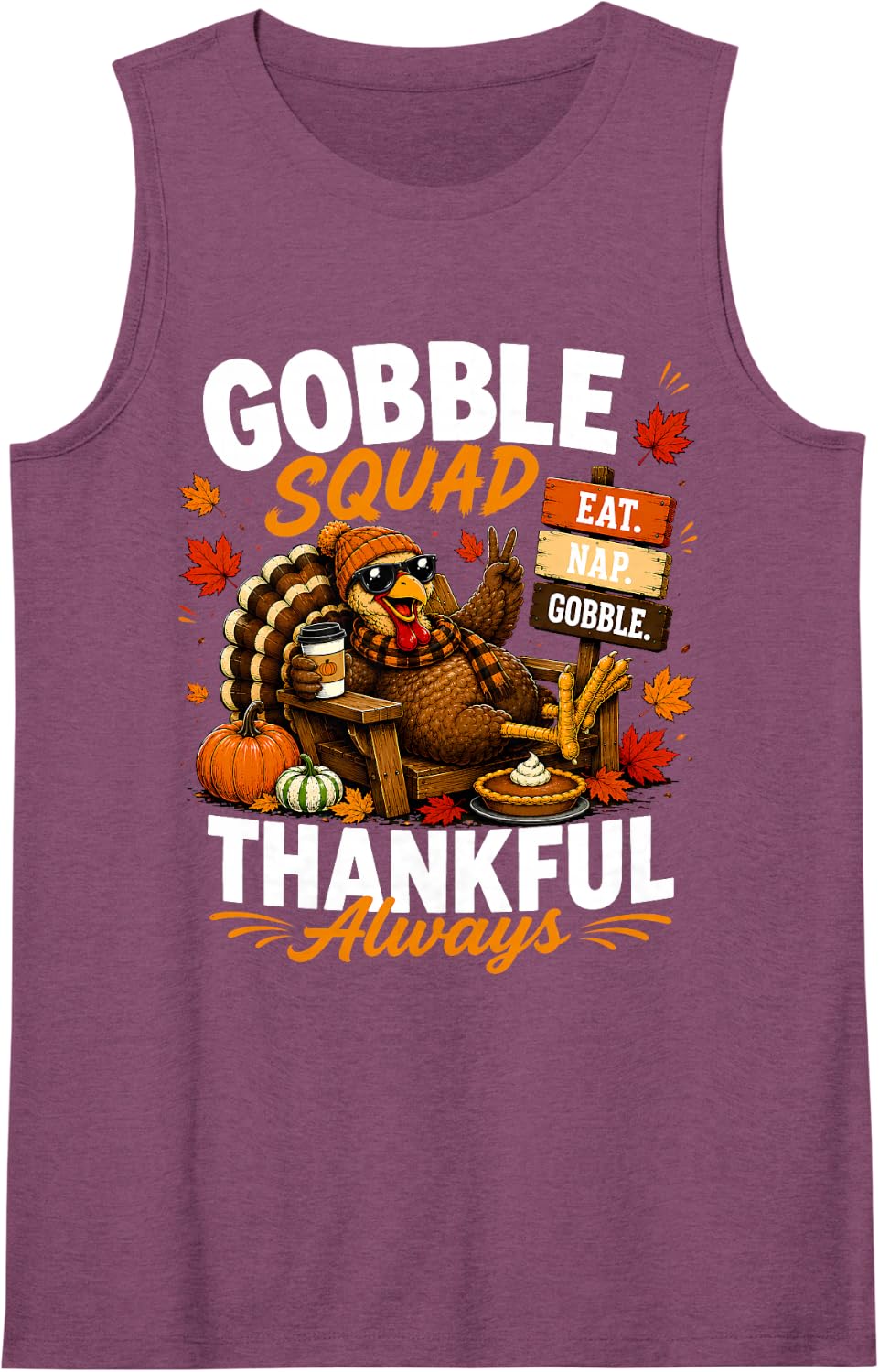 Gobble Squad Thankful Always Funny Thanksgiving Turkey Sleeveless Tank Top - Purple