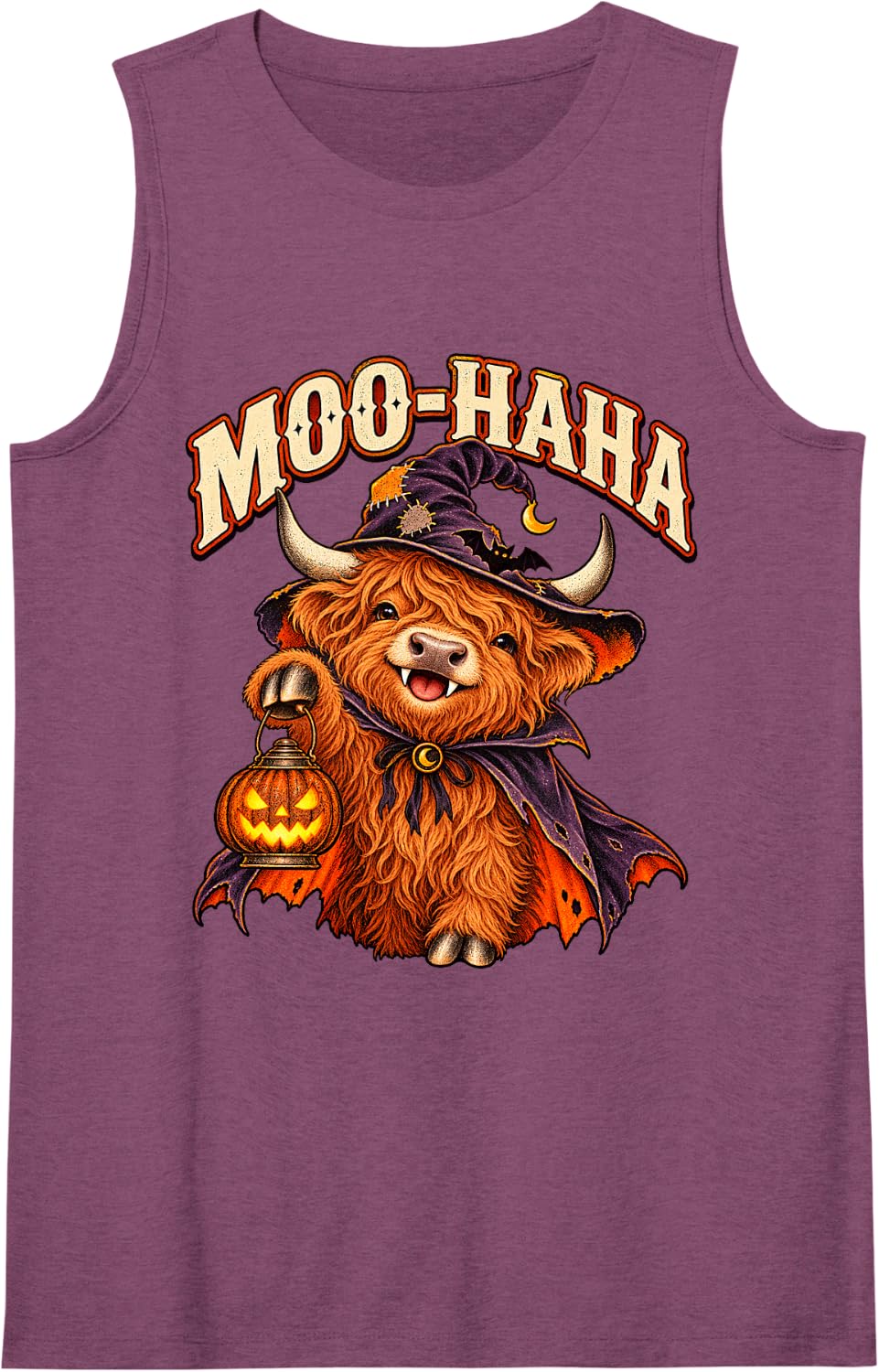 Moo-Haha Retro Halloween Highland Cow Witch Calf Sleeveless Tank Top - Purple