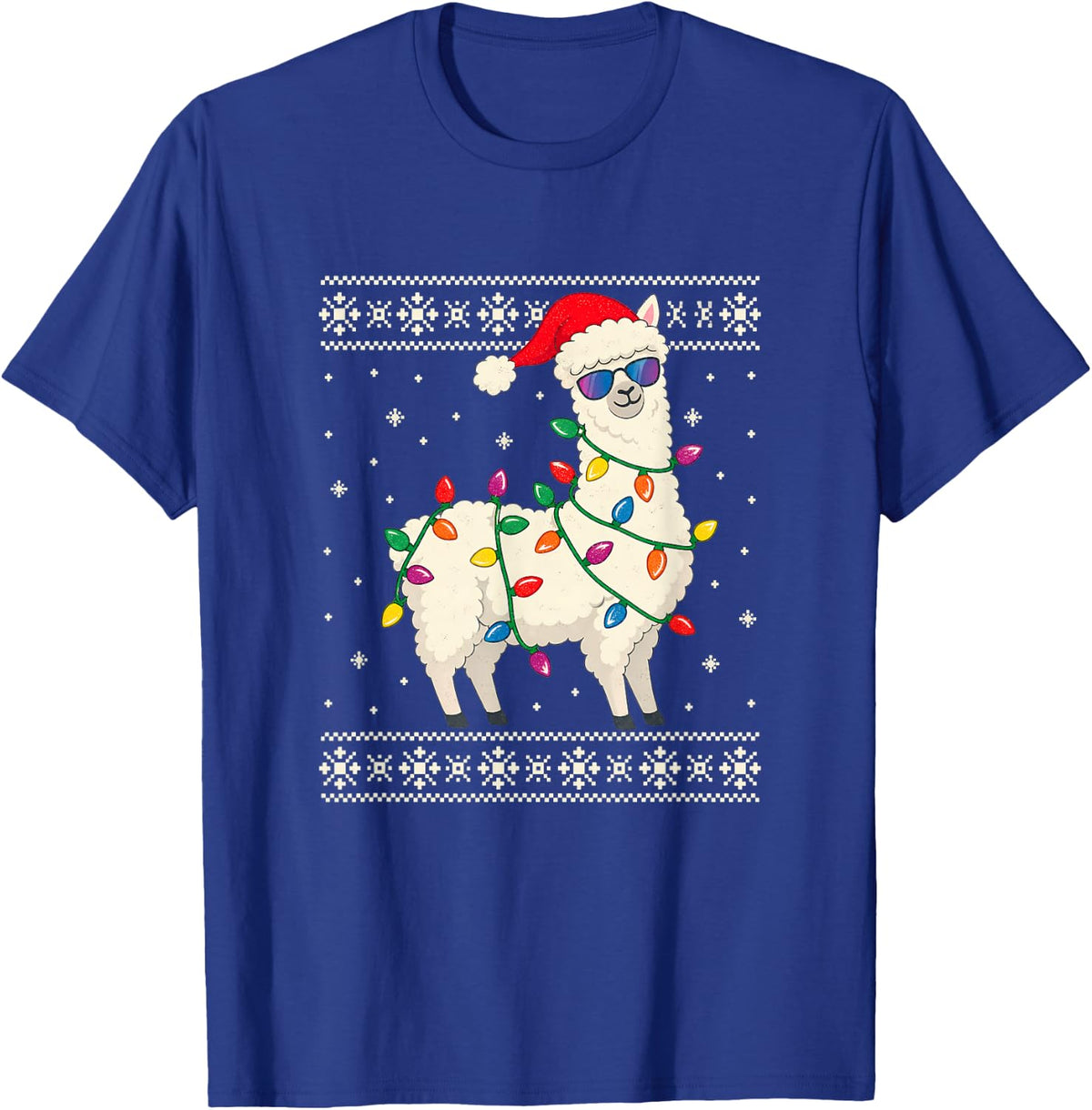 Funny Alpaca Wrapped in Christmas Lights Cute Llama T-Shirt - Royal Blue