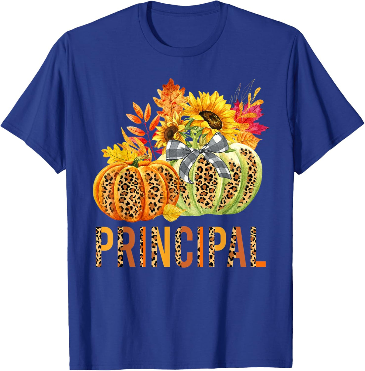 Boho Leopard Pumpkins Principal Fall Autumn Thanksgiving T-Shirt - Royal Blue