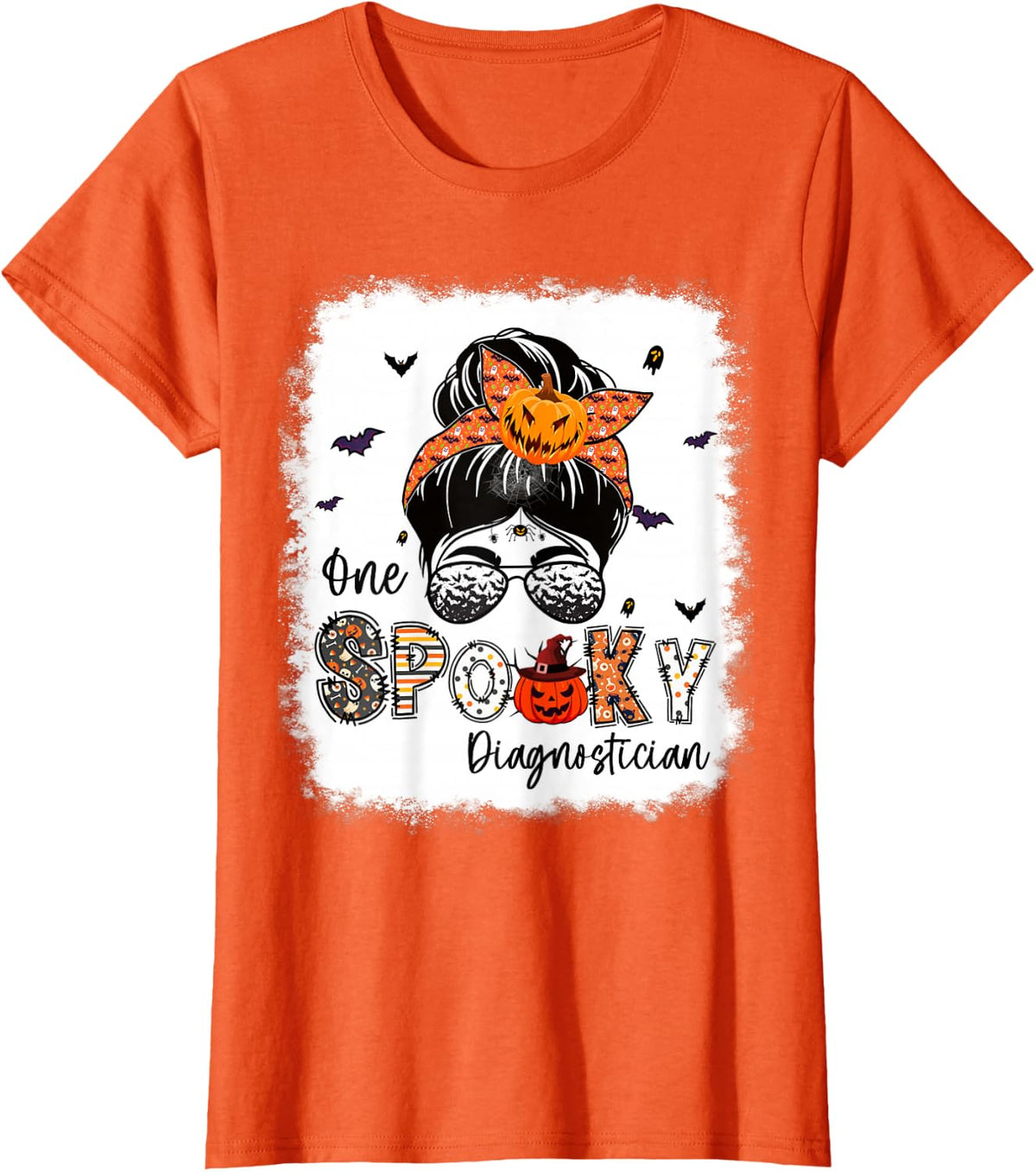 One Spooky Diagnostician Messy Bun Women Pumpkin Halloween T-Shirt - Orange