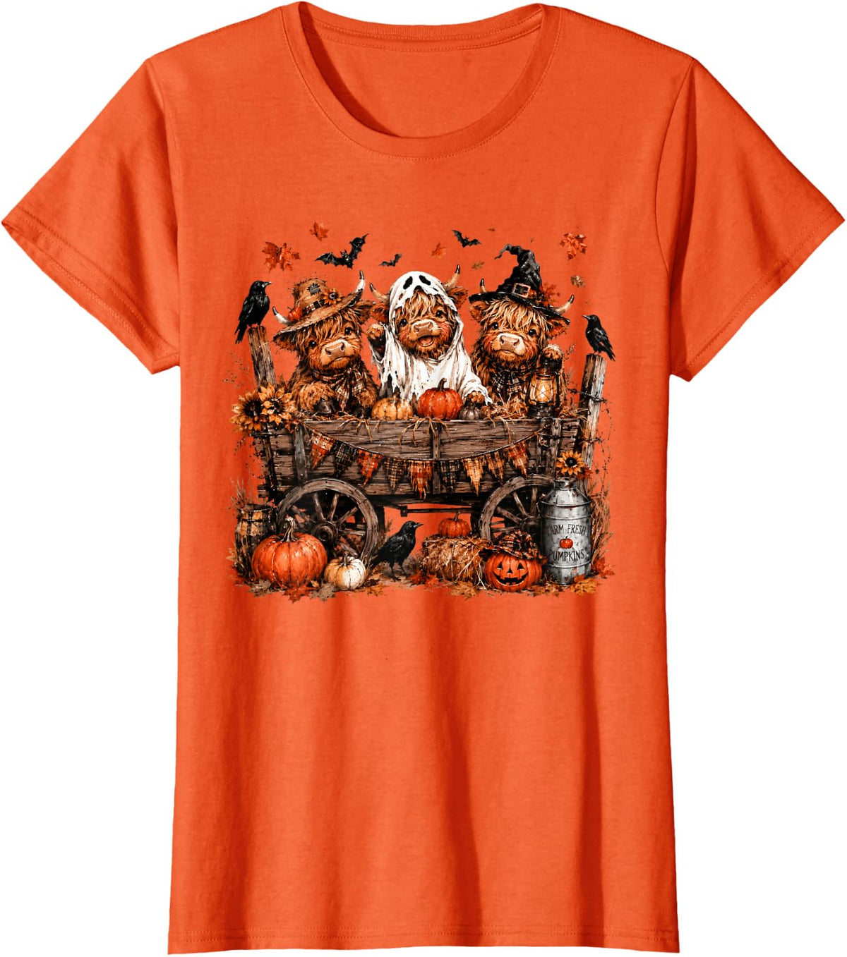 Highland Cow Ghost Witch Pumpkin Halloween Spooky Season T-Shirt - Orange