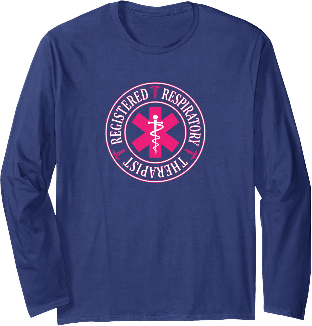 Pink Registered Respiratory Therapist Logo RRT Therapy Long Sleeve T-Shirt - Adult Unisex Navy Blue