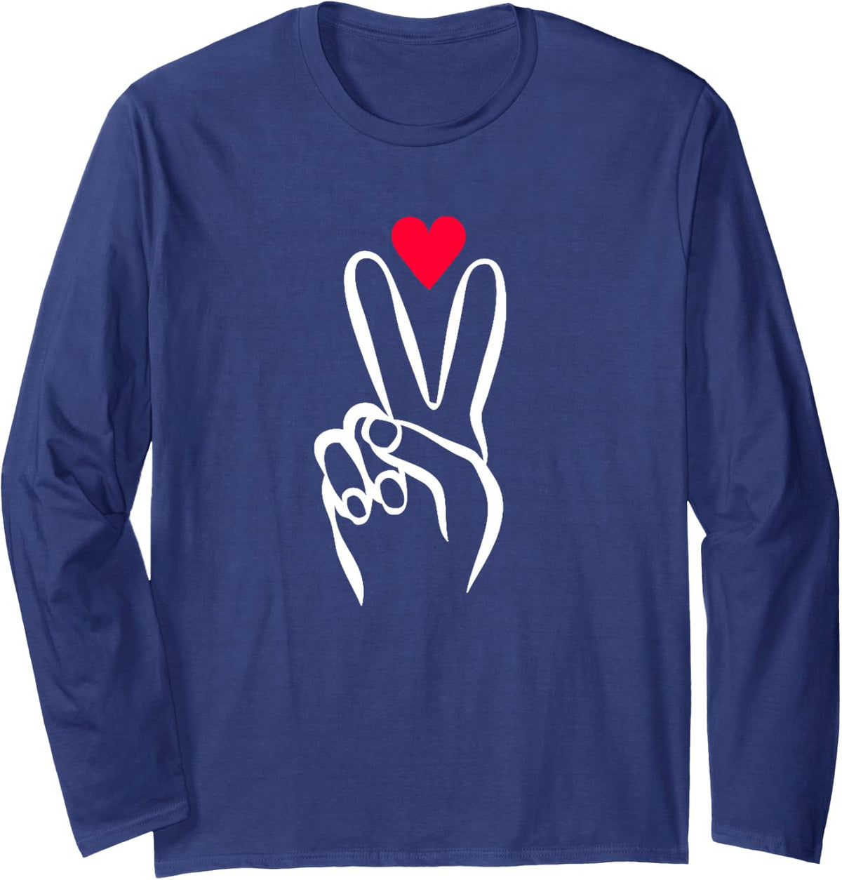 Peace and Love Hand Sign with Heart Long Sleeve T-Shirt - Adult Unisex Navy Blue