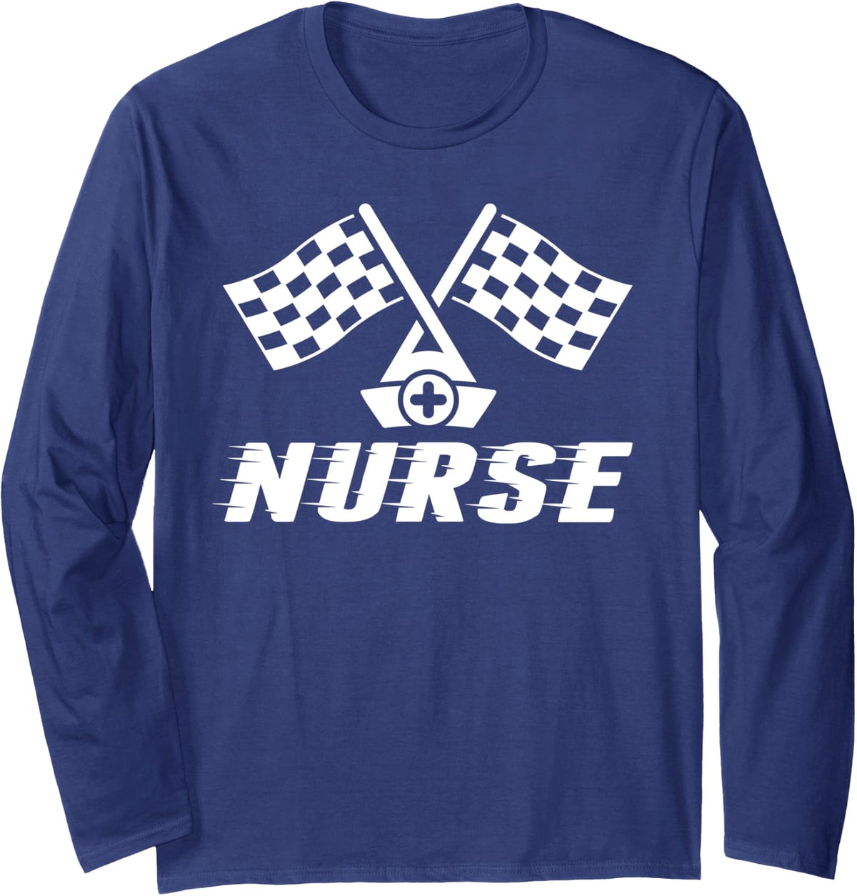 Nurse Checkered RN NICU Hosting Race Car Nurse Pit Crew Long Sleeve T-Shirt - Adult Unisex Navy Blue