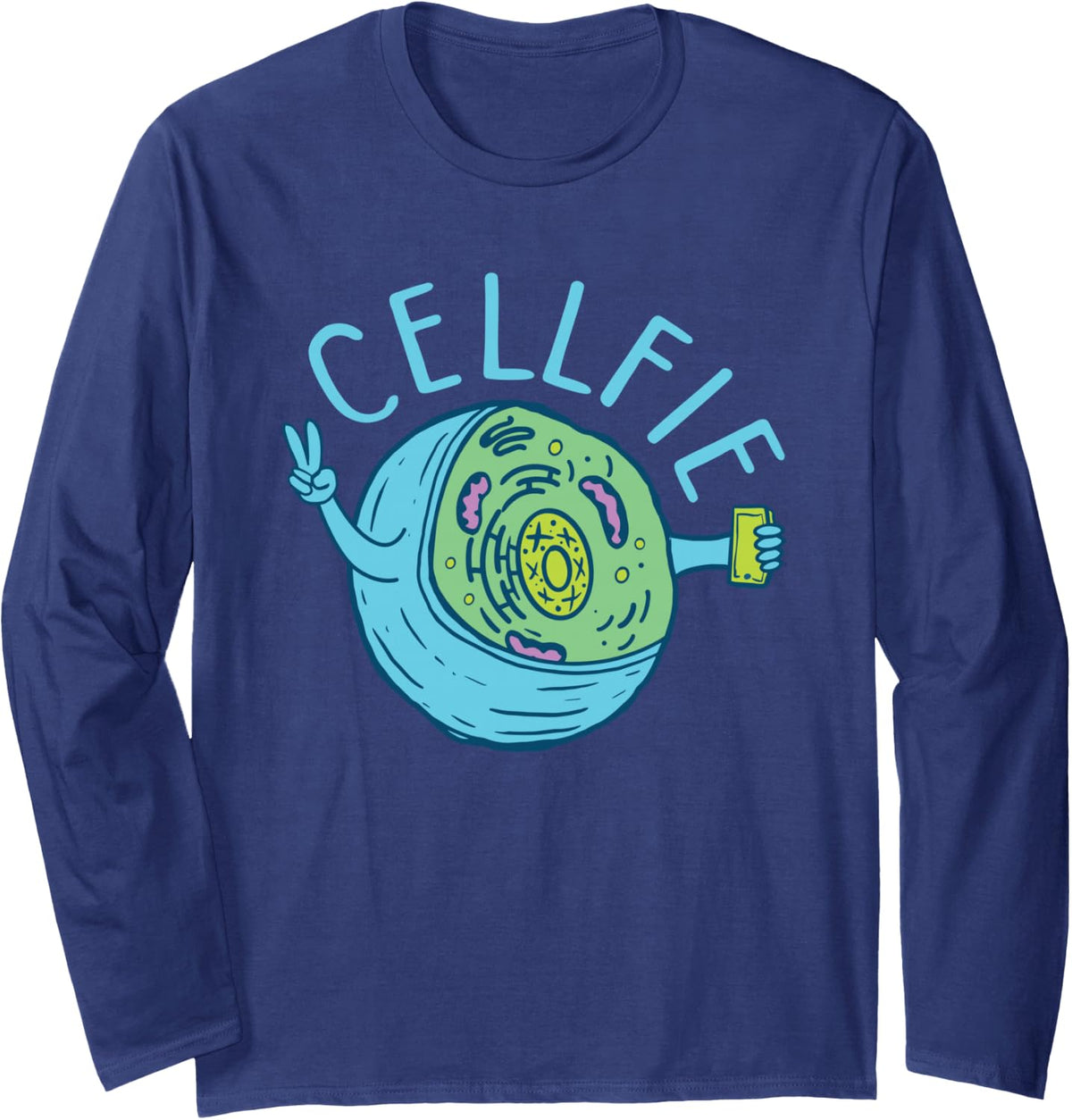 Cellfie - Funny Biologist Biology Student Cell Science Long Sleeve T-Shirt - Adult Unisex Navy Blue