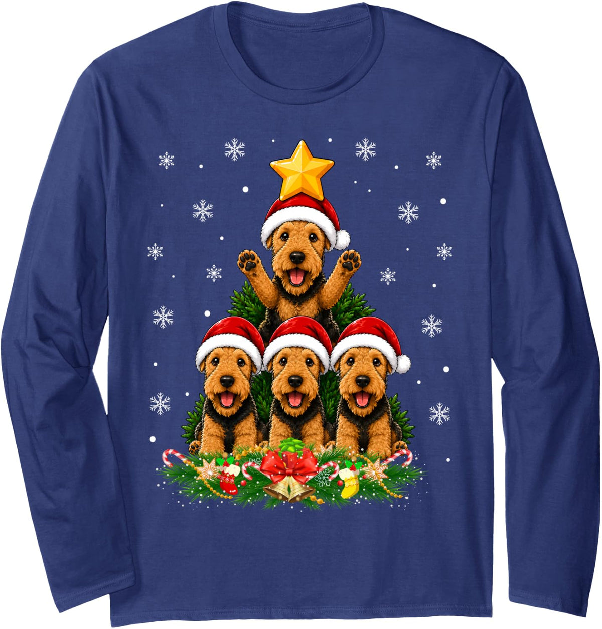 Airedale Terrier Dog Christmas Tree Cute Pet Festive Xmas Long Sleeve T-Shirt - Adult Unisex Navy Blue