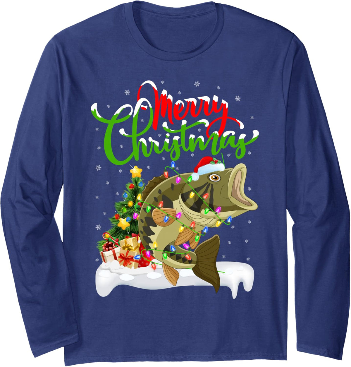 Xmas Tree Lighting Santa Hat Bass Fish Christmas Long Sleeve T-Shirt - Adult Unisex Navy Blue