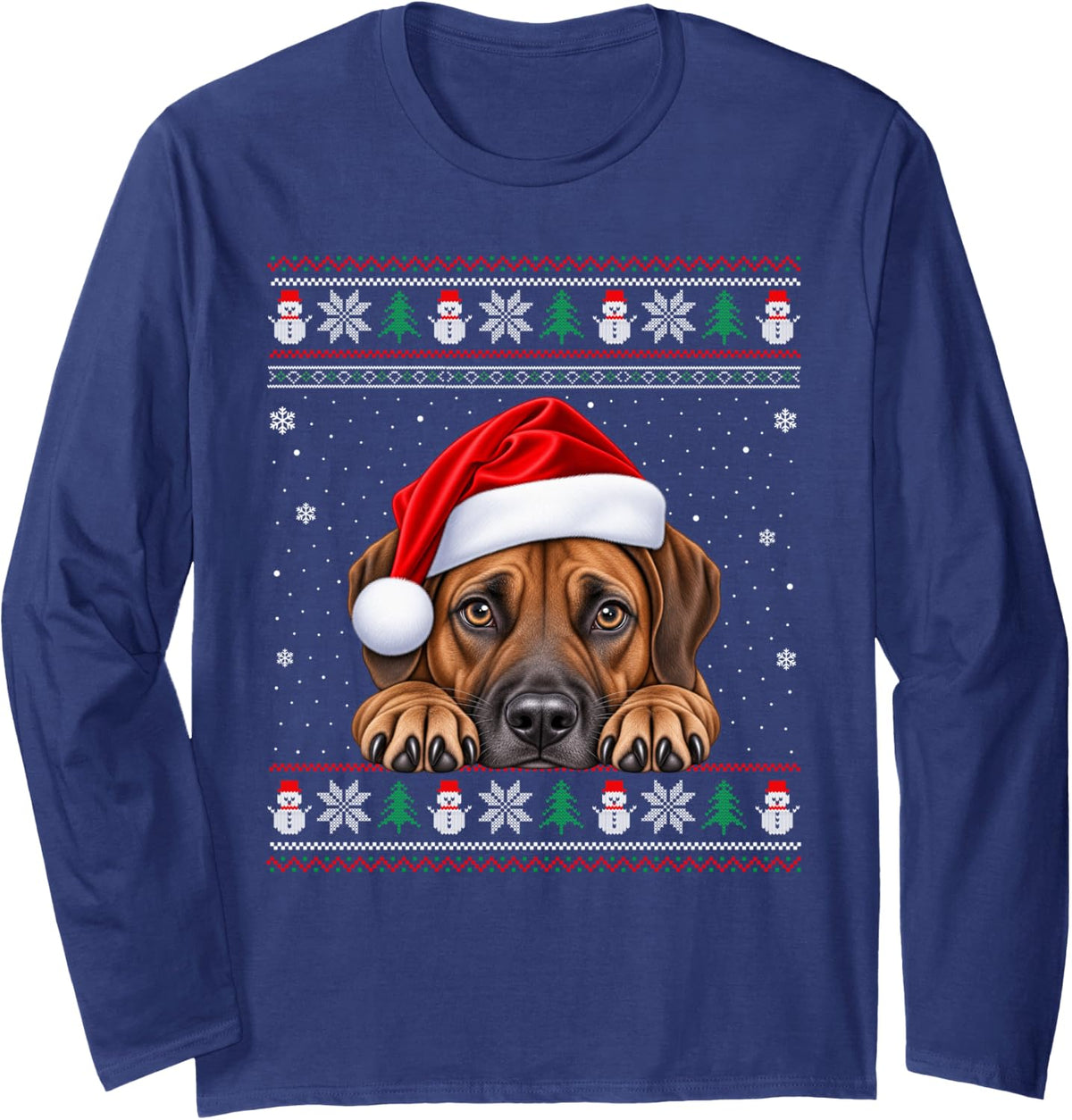 Rhodesian Ridgeback Ugly Christmas Sweater Santa Hat Dog Long Sleeve T-Shirt - Adult Unisex Navy Blue