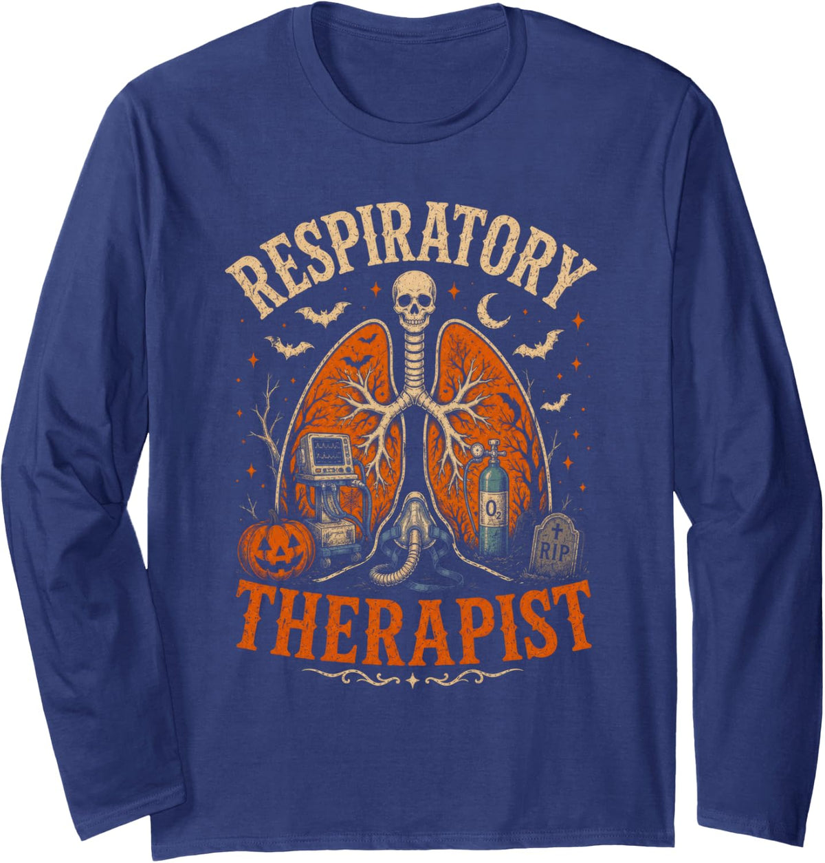 Respiratory Therapist Horror Lungs Halloween Medical Long Sleeve T-Shirt - Adult Unisex Navy Blue