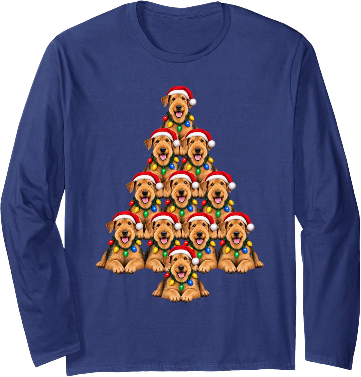 Airedale Terrier Christmas Tree Santa Hat Pet Dogs Lover Long Sleeve T-Shirt - Adult Unisex Navy Blue
