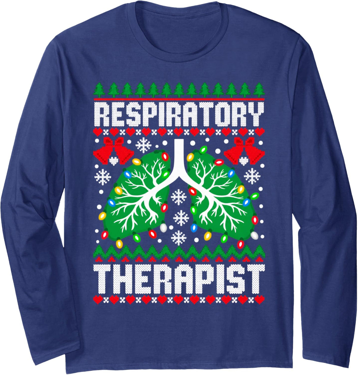 Christmas Nurse Respiratory Therapist Lung Lights RT Xmas Long Sleeve T-Shirt - Adult Unisex Navy Blue