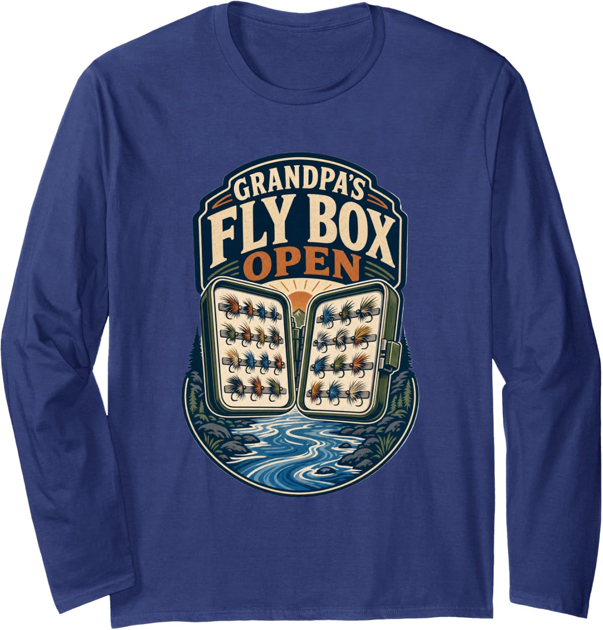 Grandpa's Fly Box Open Fishing T-Shirt Long Sleeve T-Shirt - Adult Unisex Navy Blue