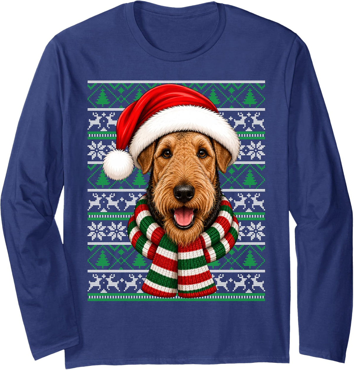 Airedale Terrier Dog Christmas Santa Hat Ugly Sweaters Xmas Long Sleeve T-Shirt - Adult Unisex Navy Blue