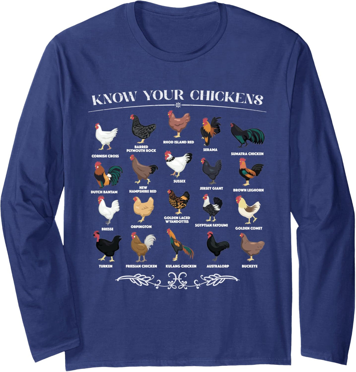 Funny Chicken Gifts, Know Your Chickens, Chicken Breeder Long Sleeve T-Shirt - Adult Unisex Navy Blue