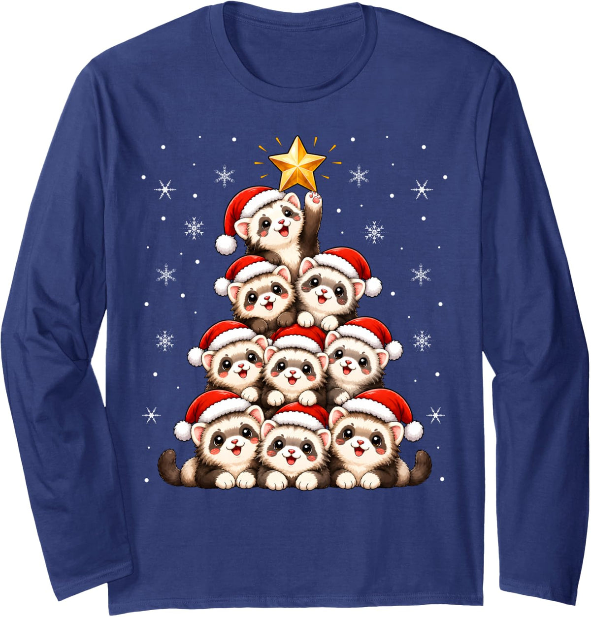 Ferret Christmas Tree Cute Animal Festive Xmas Long Sleeve T-Shirt - Adult Unisex Navy Blue