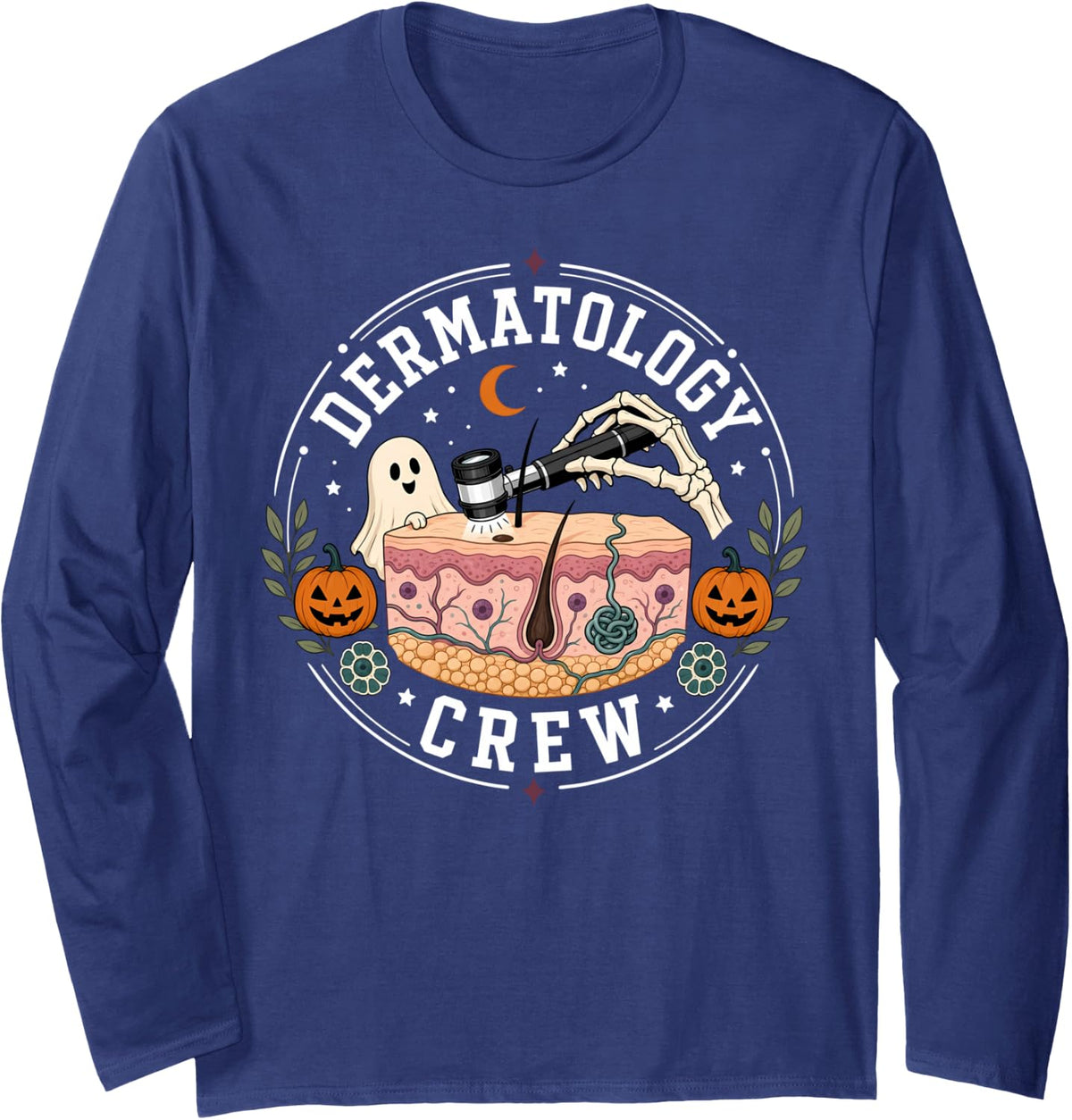 Dermatology Crew Skin Anatomy Ghost Dermatologist Halloween Long Sleeve T-Shirt - Adult Unisex Navy Blue