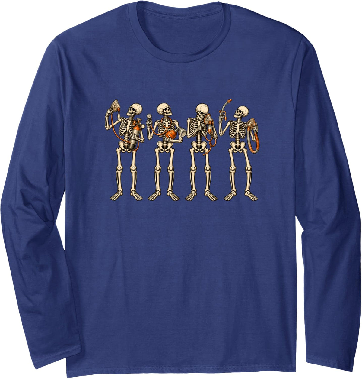 Halloween Respiratory Therapist Skeleton RT Care Nurse Long Sleeve T-Shirt - Adult Unisex Navy Blue