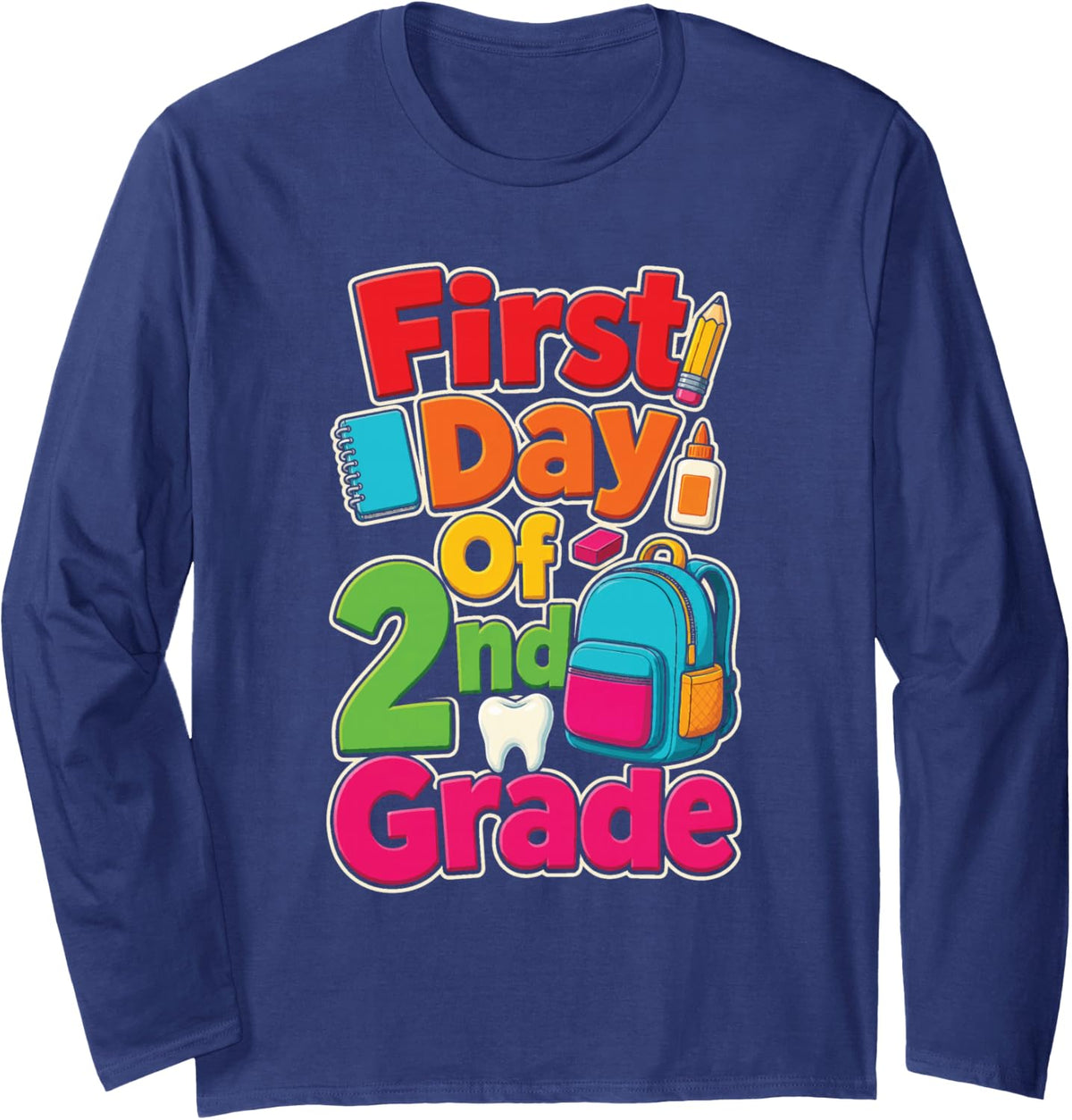 2nd Grade First Day of School Kids Missing Tooth Long Sleeve T-Shirt - Adult Unisex Navy Blue