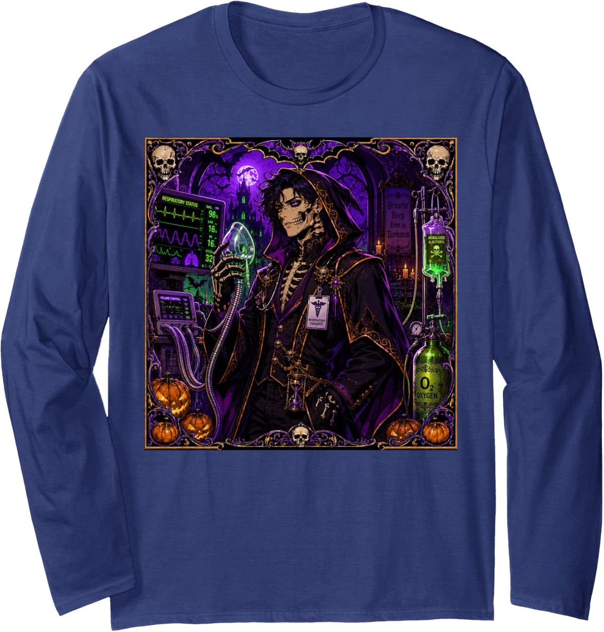 Respiratory Therapist Therapy Skeleton Spooky Horror Mens Long Sleeve T-Shirt - Adult Unisex Navy Blue