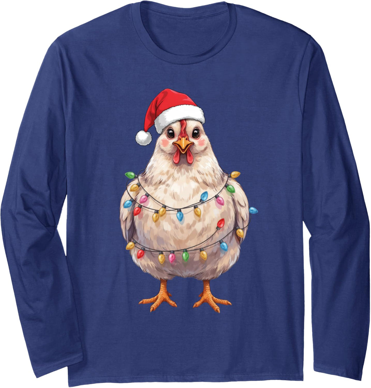 Retro Chicken Funny Santa Hat Christmas Lights Holiday Squad Long Sleeve T-Shirt - Adult Unisex Navy Blue