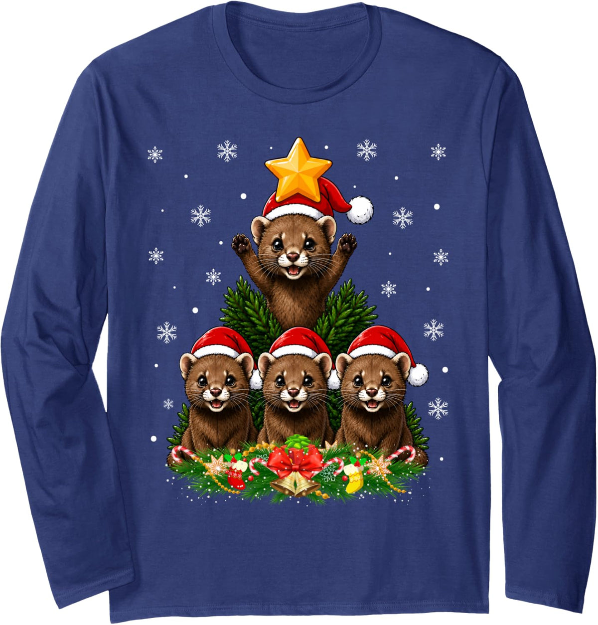 Ferret Christmas Tree Cute Animal Festive Ferret Xmas Long Sleeve T-Shirt - Adult Unisex Navy Blue