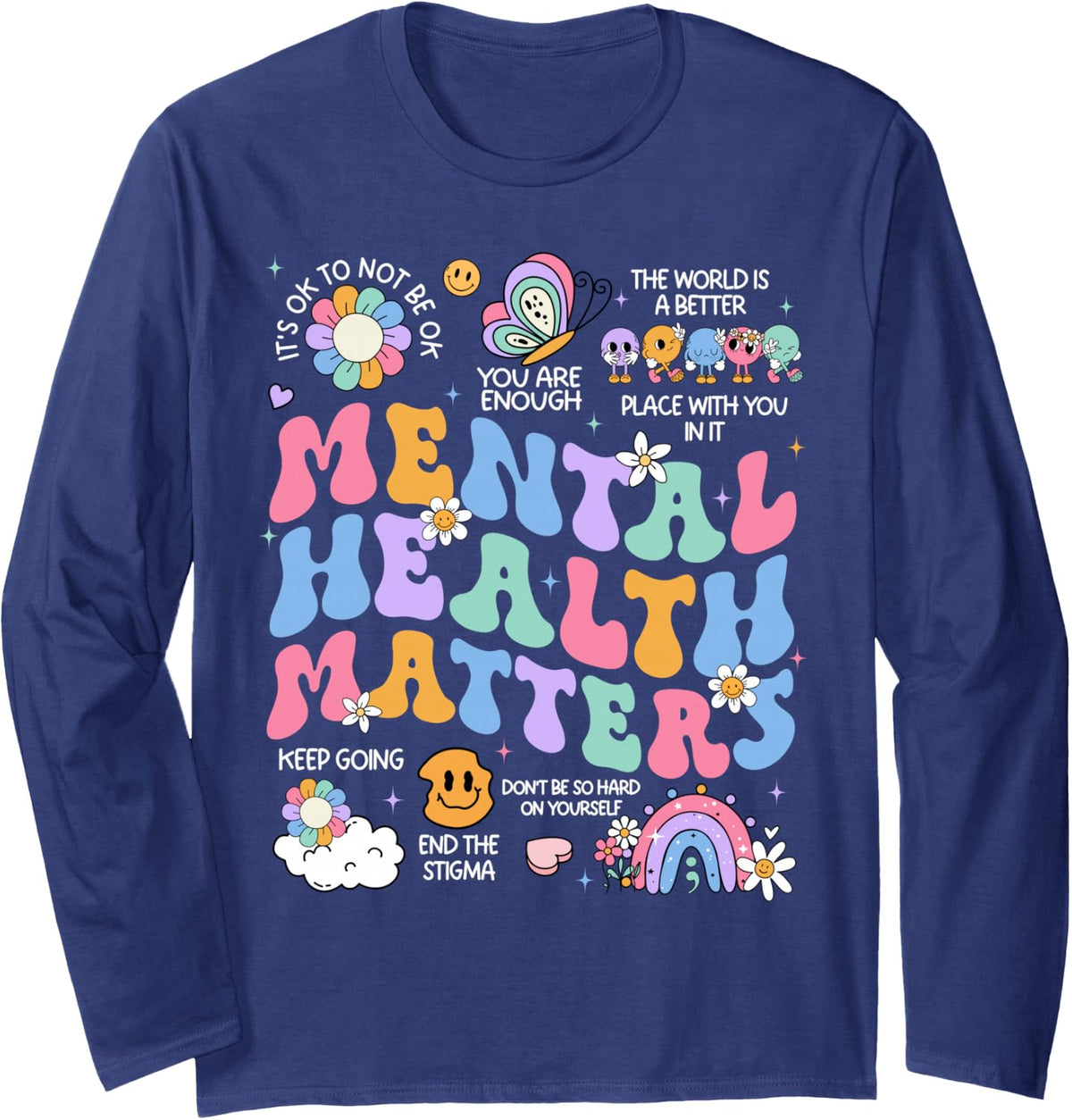 Mental Health Matters Human Brain Illness Awareness Long Sleeve T-Shirt - Adult Unisex Navy Blue