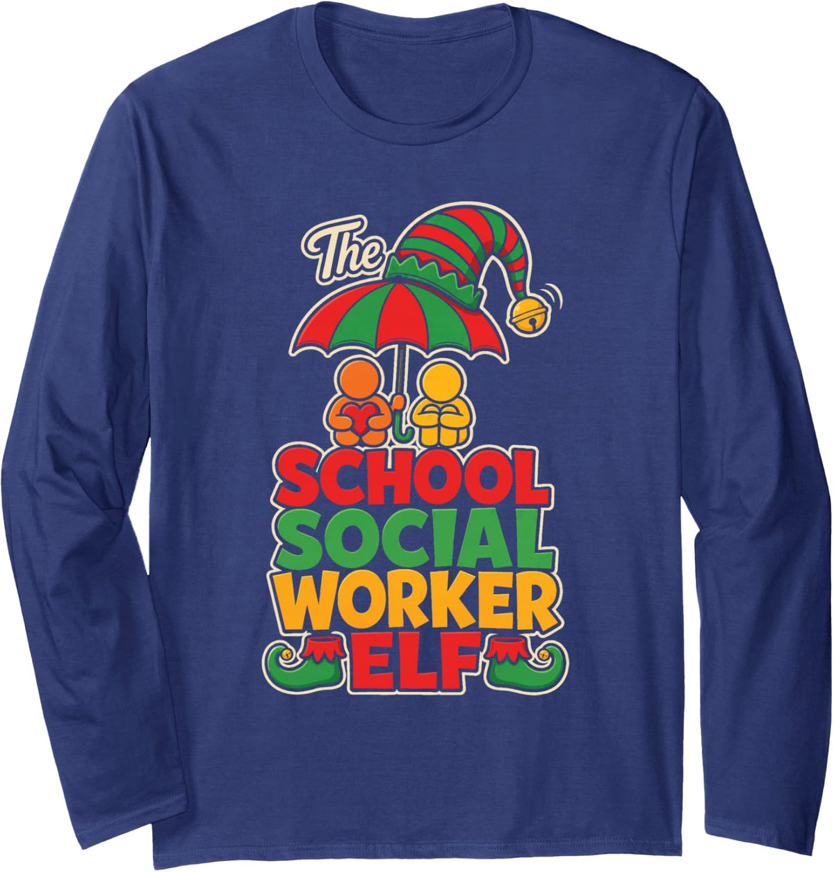 School Social Worker Elf Christmas Support Staff Gift Long Sleeve T-Shirt - Adult Unisex Navy Blue