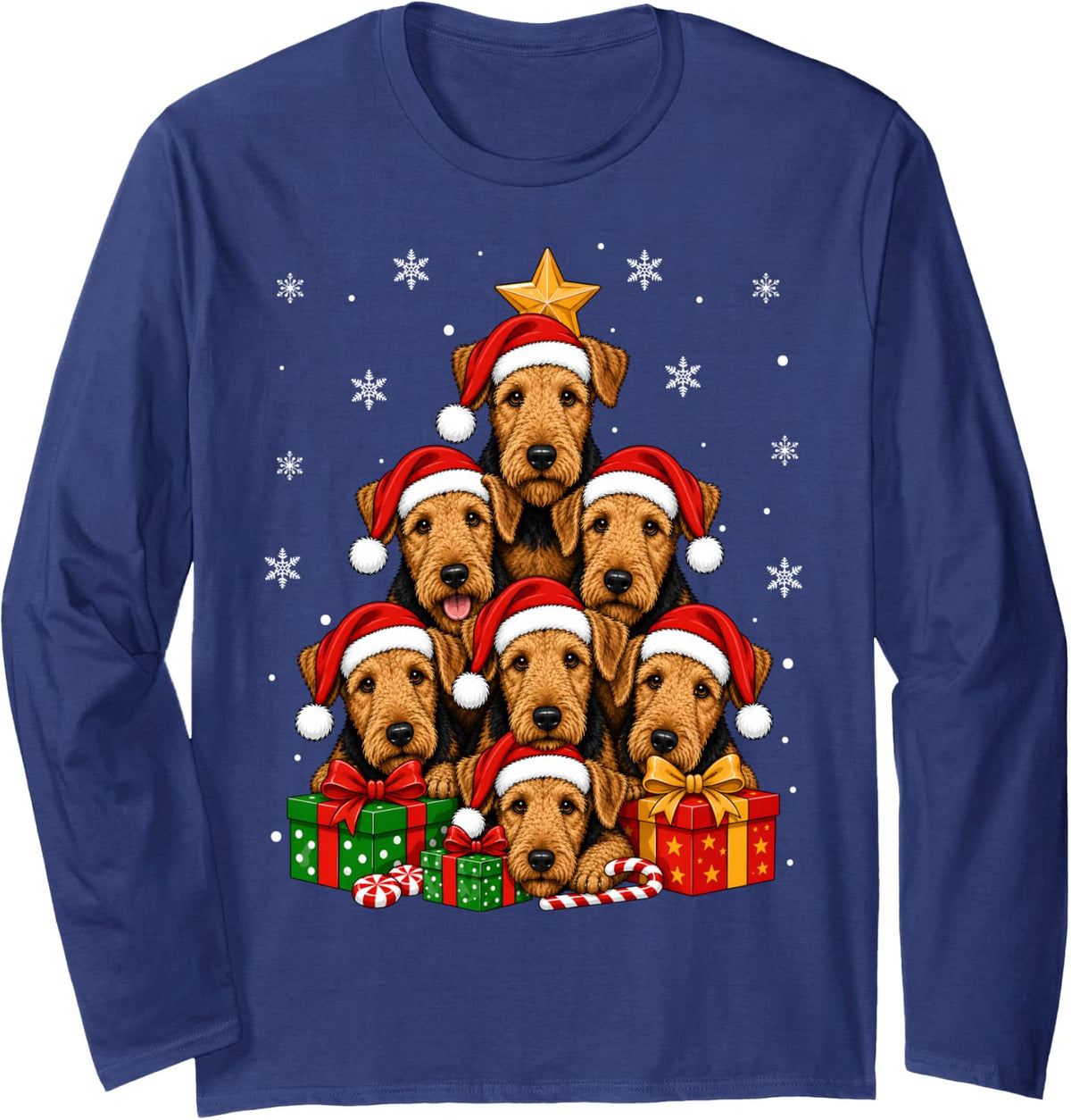 Airedale Terrier Dog Christmas Tree Cute Festive Puppy Xmas Long Sleeve T-Shirt - Adult Unisex Navy Blue