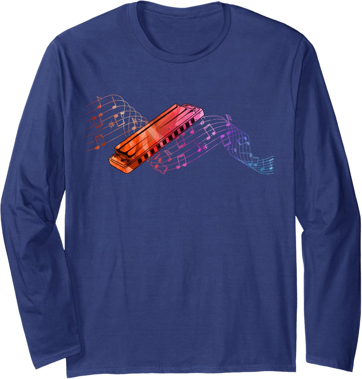 Colourful Music Sheet with Harmonica for Harmonica Players Long Sleeve T-Shirt - Adult Unisex Navy Blue
