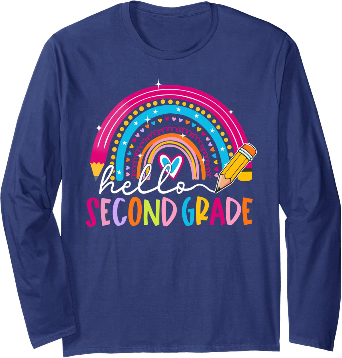 Back to School Hello 2nd Second Grade Rainbow Pencil Kid Long Sleeve T-Shirt - Adult Unisex Navy Blue