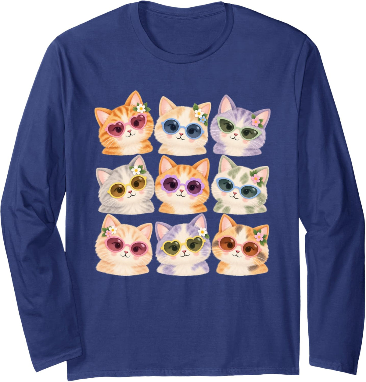 Soft Storybook Cat Lover Summer Vibes Tee Cats in Sunglasses Long Sleeve T-Shirt - Adult Unisex Navy Blue