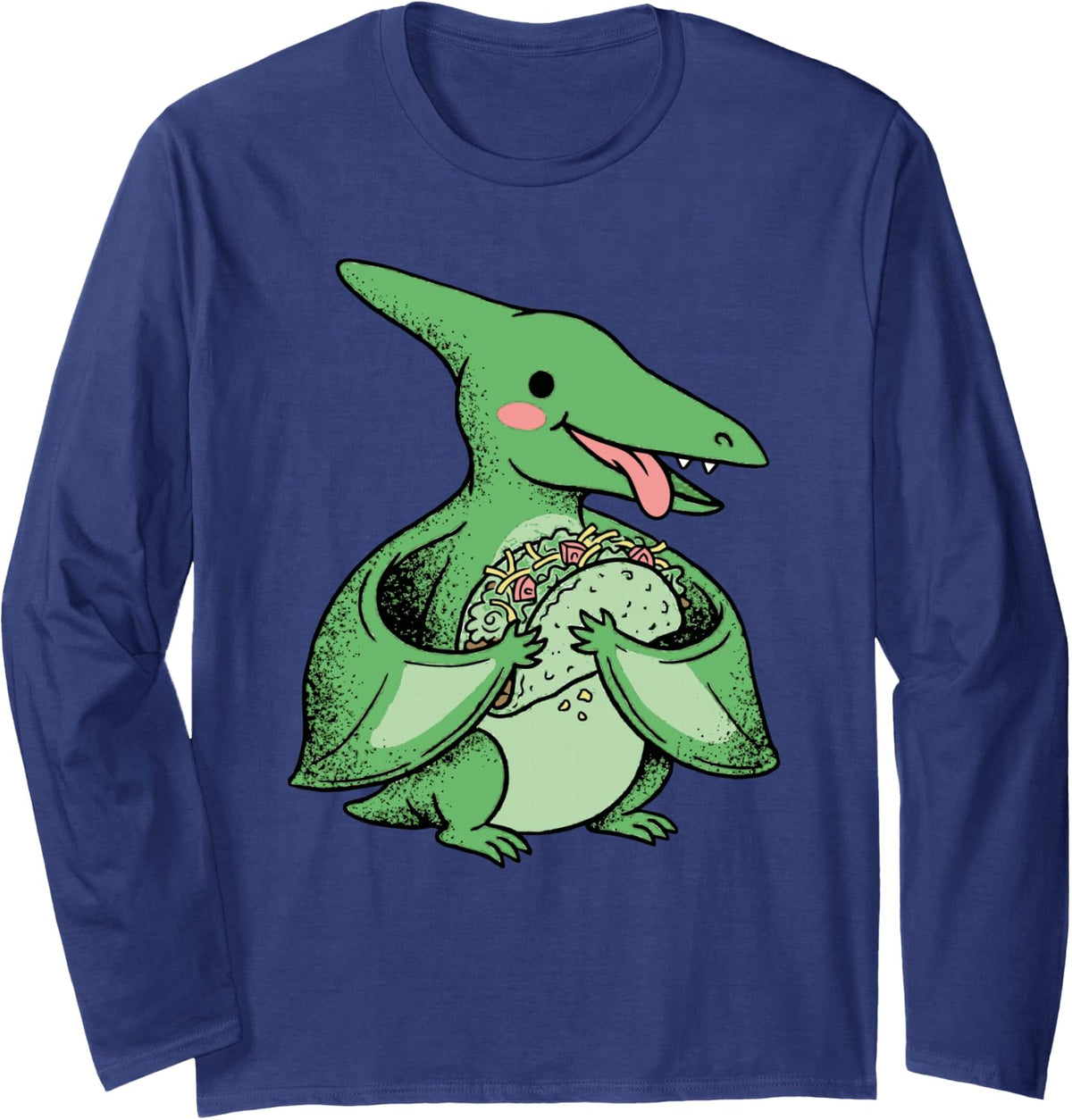 Cute Pterodactyl Taco Cartoon Dinosaur Snack Food Lover Long Sleeve T-Shirt - Adult Unisex Navy Blue