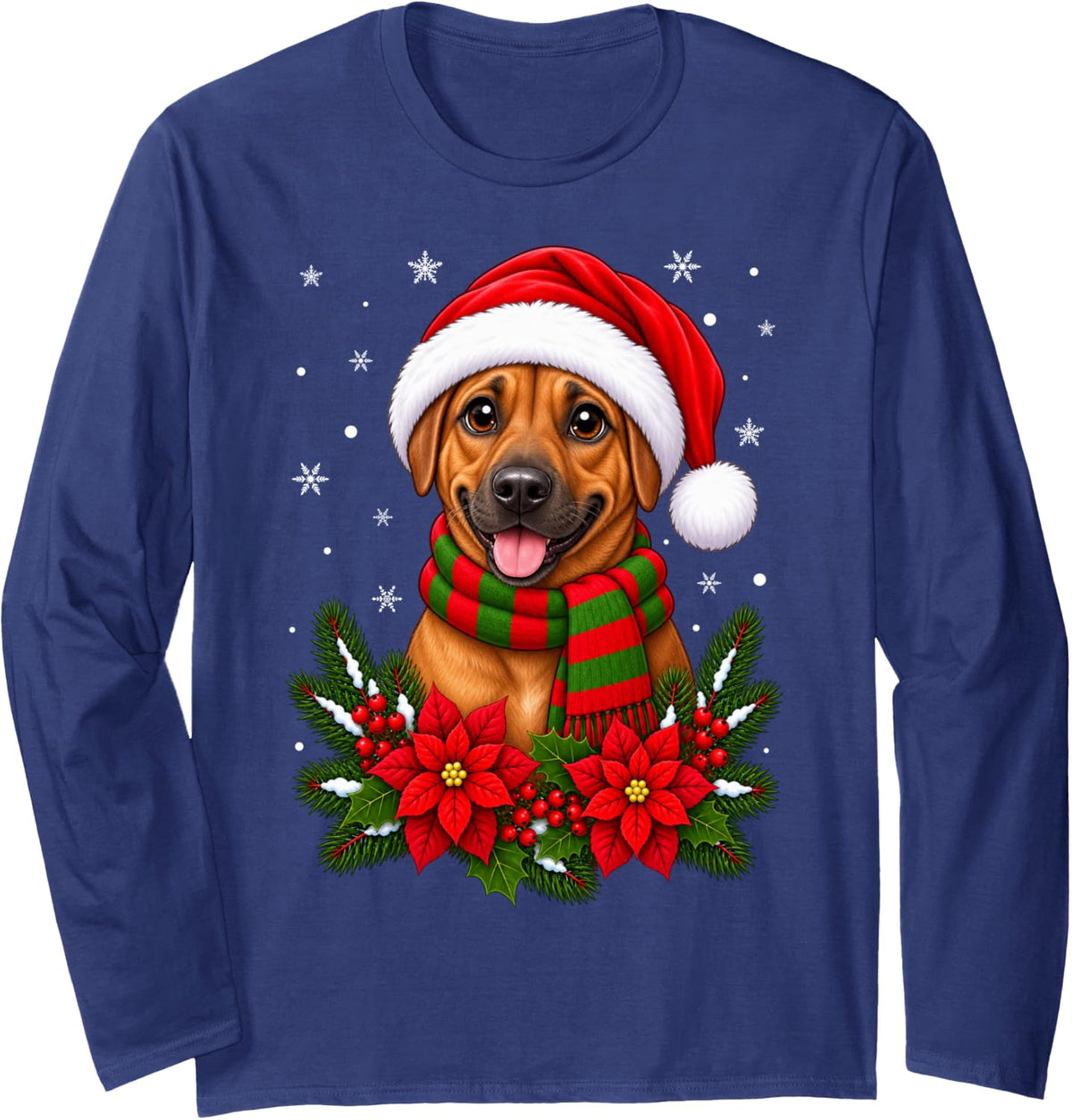 Festive Flowers Santa Hat Rhodesian Ridgeback Dog Christmas Long Sleeve T-Shirt - Adult Unisex Navy Blue