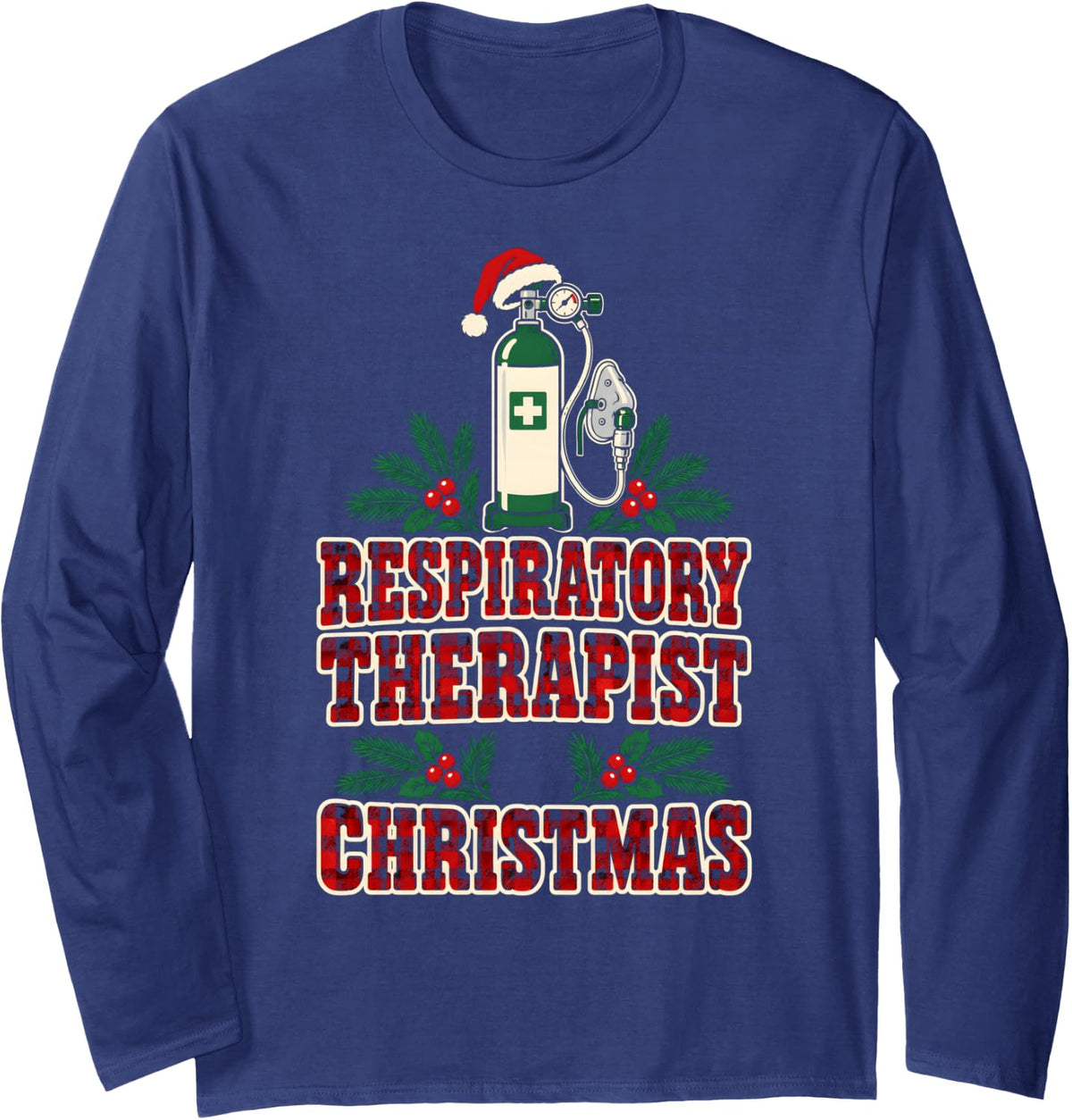 Respiratory Therapist Christmas Buffalo Plaid Festive RT Long Sleeve T-Shirt - Adult Unisex Navy Blue